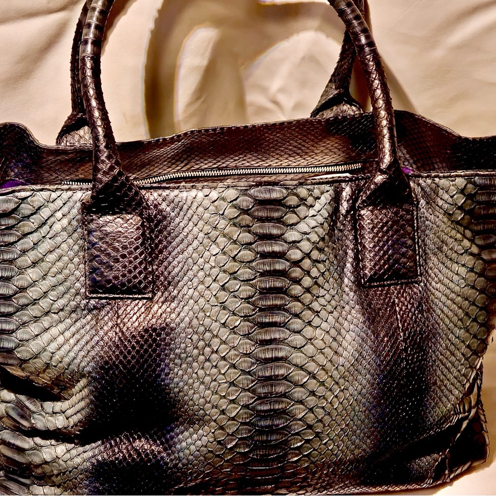 Anne’s Sylvain Bespoke Black Python & Purple Ostrich Leather Handbag
